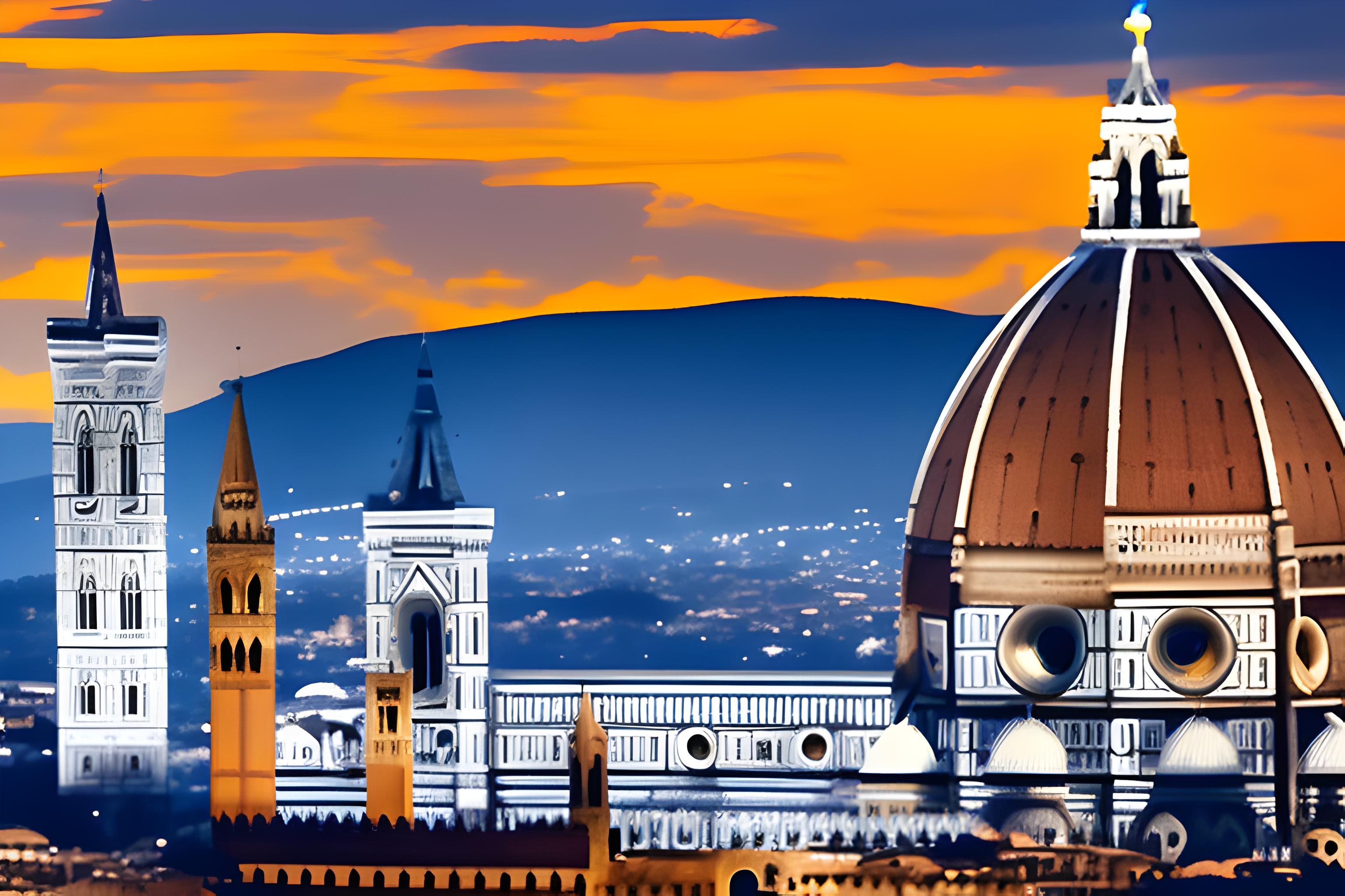 Un assassin italien en cape blanche avec capuche, se tenant sur un toit de Florence au crépuscule, la cathédrale Santa Maria del Fiore en arrière-plan, tuiles rouges, ciel rose et bleu, ambiance mystérieuse, détails architecturaux précis, peinture numérique, haute résolution, 16:10 --ar 16:10 --style raw